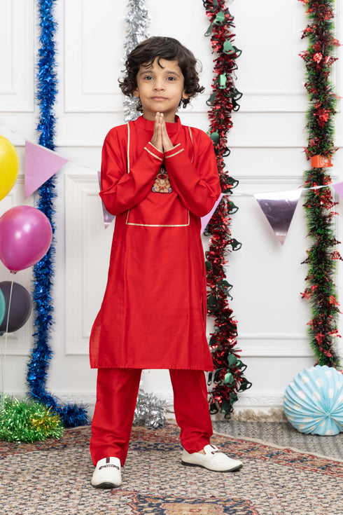 HANUMAN RED SILK KURTA SET